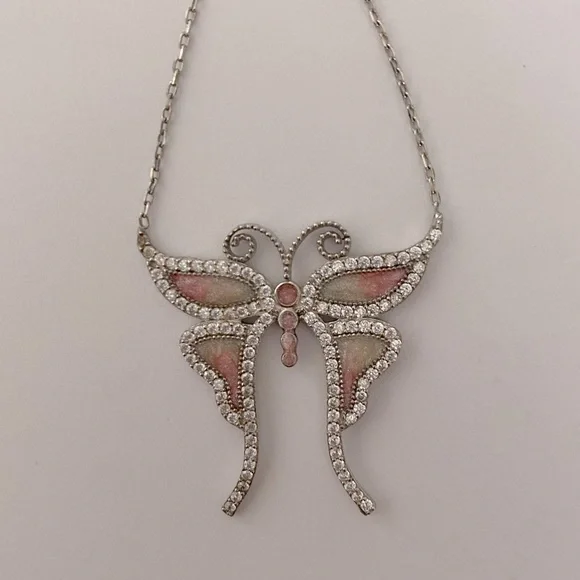 925 Silver butterfly necklace cz pink white enamel